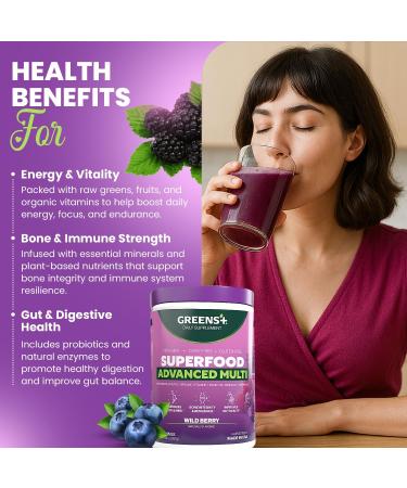 Greens+ Advanced Multi Wild Berry Superfood Powder Organic Blend Vegan Non-GMO Soy-Free Dairy-Free Gluten-Free Dietary Supplement with Vitamins & Minerals 9.4 oz - Buy Online on GoSupps.com