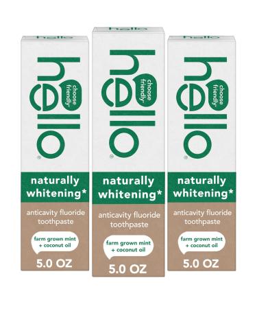 Hello Naturally Whitening Anticavity Fluoride Toothpaste 5 Oz Tube Natural Whitening Toothpaste with Coconut Oil Whitens Naturally and Helps Remove Surface Stains SLS Free Vegan Mint 3 Pack