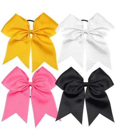 TUUXI 4pcs 8 Large Cheer Bows Elastic Hair Tie Bands Grosgrain Ribbon Ponytail Holder Black White Pink Yellow for Teen Girls Softball Cheerleader yellow/black/white/pink