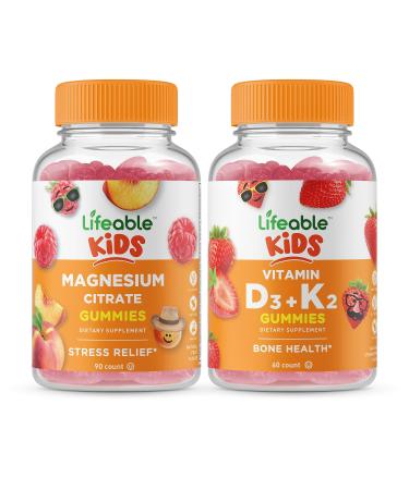 Lifeable Magnesium Citrate Kids + Vitamin D3 + Vitamin K2 Kids Gummies Bundle - Great Tasting Vitamin Supplement Gluten Free GMO Free Chewable Gummy