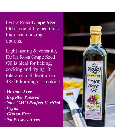 De La Rosa 100% Pure Grape Seed Oil 67.6 Oz - Expeller Pressed, Hexane Free, Kosher, Vegan, Non-GMO, Gluten Free - High Smoke Point Cooking Oil - Buy Online on GoSupps.com
