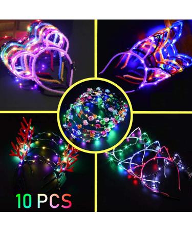 10Pcs LED Cat Ear Flower Crown Headband - Light Up Glow Hairband for Women, Girls - Perfect for Concerts, Parties, Halloween - Buy Online on GoSupps.com