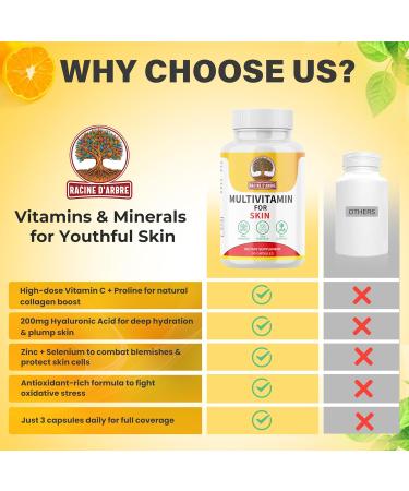 Racine D ARBRE Multivitamin Skin Supplement Hyaluronic Acid Vitamin C Selenium Biotin Zinc & Proline Collagen Hydration & Beauty Support 90 Capsules - Buy Online on GoSupps.com