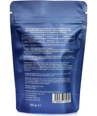 Eternal Vitality Trans Resveratrol Powder 50g | Premium Quality | 98.7% Purity | 100 Portions with Dosing Spoon | Cost-Effective Natural Power - Buy Online on GoSupps.com