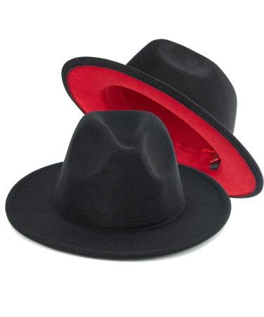 UTOWO Two-Tone Felt-Fedora-Panama-Hats-for-Women-Men, Wide Brim Black & Leopard Patchwork Fedora Jazz Cap Outer Black / Red Bottom (1pc) 7 1/4