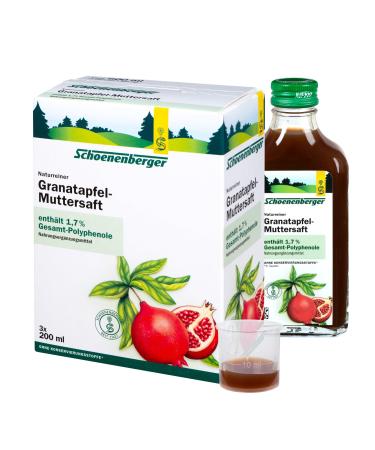 Schoenenberger - pomegranate mother juice - 3x 200 ml (600 ml) glass bottles - natural clean - dietary supplements - contains 1.7 percent total polyphenol - organic pomegranate 600 ml (1 Pack)