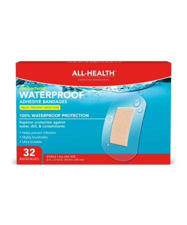 All Health Clear Waterproof Antibacterial Adhesive Bandages  2 in x 3 1/2 in  32 ct | Helps Prevent Infection  100% Waterproof for First Aid and Wound Care