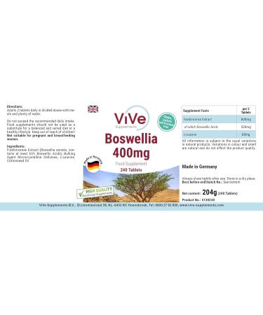 Frankincense Tablets 400mg - 240 Vegan Boswellia Serrata - High Dosage Quality - ViVe Supplements Germany - Buy Online on GoSupps.com