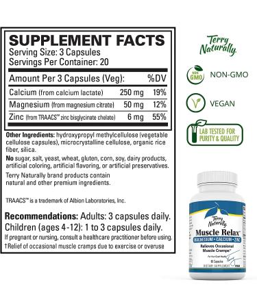 Terry Naturally Muscle Relax 60 Vegan Capsules | Occasional Muscle Cramp Relief, Nervous System Support | Non-GMO, Gluten-Free | 20 Servings - Buy Online on GoSupps.com