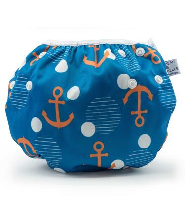 Large Nageuret Reusable Swim Diaper, Adjustable & Stylish Fits Diapers Sizes 4-7 (Approx. 20-55lbs) Ultra Premium Quality for Eco-Friendly & Swimming Lessons (Anchors)