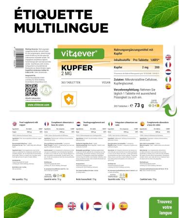 Cuivre - 365 comprim s de 2 mg - 1 an d'approvisionnement - Haute biodisponibilit - Gluconate de cuivre - Hautement dos - V g talien - Sans substances ind sirables. - Buy Online on GoSupps.com