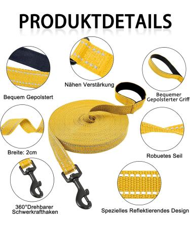 Demigreat Reflective Dog Leash - 3m/5m/10m/15m/20m Training Lead with Padded Handle for Small to Large Dogs - Durable & Long Yellow Leash for Safe Outdoor Training - Buy Online on GoSupps.com