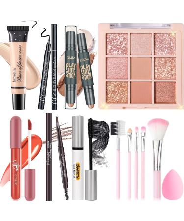 Makeup Set Kit for Women Girls Teens Makeup Present Set Includes 9 Color Eyeshadow Counter Stick Foundation Eyebrow Pencil Eyeliner Mascara Lip Gloss 5Pcs Brushes Sponge Set C