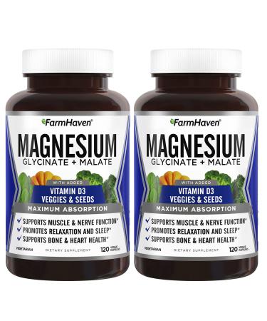 FarmHaven Magnesium Glycinate & Malate Complex w/Vitamin D3 100% Chelated for Max Absorption Vegan - Bone Health Nerves Muscles 240 Capsules 120 Days