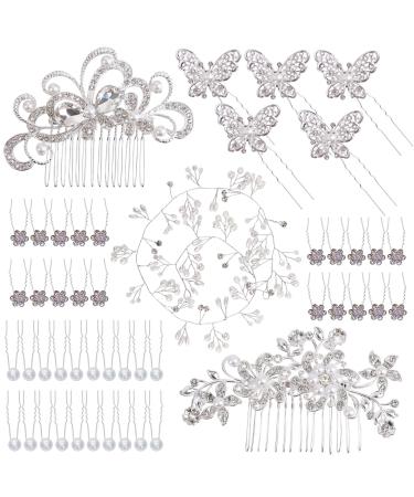 48 Pieces Wedding Hair Comb Hair Pins Set  FULANDL Faux Crystal Pearl Bridal Hair Accessories  Rhinestone Bridal Side Combs U-shaped Butterfly Flower Hair Clips for Women Girls