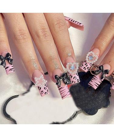 24pcs Pink Heart Bow Medium Coffin Fake Nail Bow Heart Leopard Press on Nails Handmade Luxurious Nails Acrylic Nails Fake Nails For Women Girls 1sheet Tape & 1pc Nail File