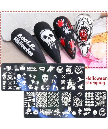 Halloween Nail Stamper Kit - 6 Nail Plates + 1 Stamper + 1 Scraper - Skeleton/Spider Web/Pumpkin/Tree Design - Nail Decoration Supplies 8 Piece Set + Tools - Buy Online on GoSupps.com