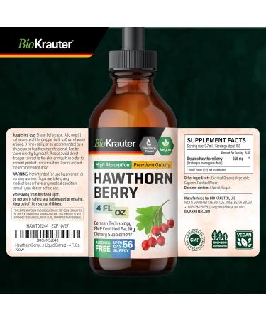 BIO KRAUTER Hawthorn Berry - Pure Vegan Hawthorne Berry Supplement - Used for Overall Support & Daily Wellness - Liquid Drops 655 mg per Serving - Alcohol & Sugar Free 4 Fl.Oz 56 Days of Supply 4 Fl Oz (Pack of 1) - Buy Online on GoSupps.com