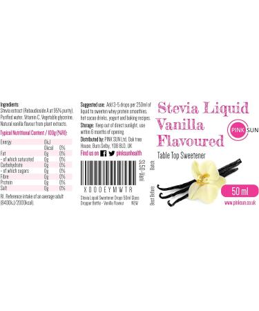 PINK SUN Stevia Liquid Sweetener Drops 50ml Vanilla Flavoured (or Caramel Coconut Strawberry Unflavoured) Natural Sugar Alternative Replacement Low Carb Zero Calories Glass Alcohol Free - Buy Online on GoSupps.com