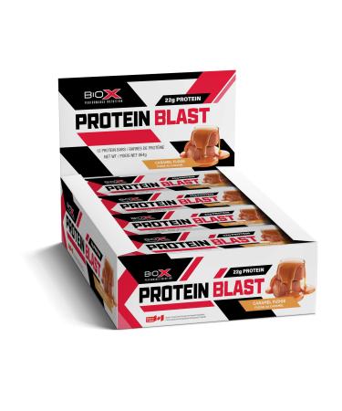 BioX Protein Blast Protein Bars | Protein Bar with Candy Bar Taste | 22g Protein Low Sugar | All Natural Protein Bar Ingredients | Box of 12 Bars (Caramel Fudge)