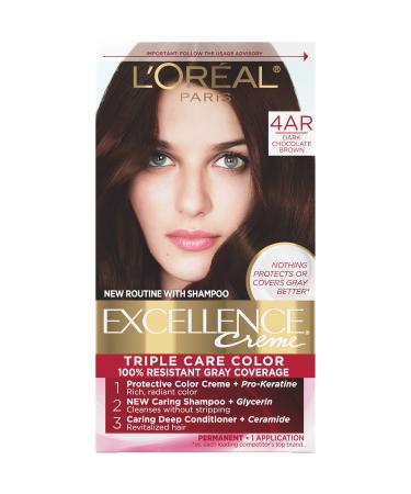L'Oreal Paris Excellence Creme Permanent Triple Care Hair Color  4AR Dark Chocolate Brown  Gray Coverage For Up to 8 Weeks  All Hair Types  Pack of 1 1 Count (Pack of 1) 4AR Dark Chocolate Brown