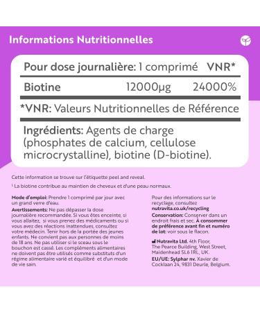 Nutravita Biotine Cheveux 12000 mcg - Complement Alimentaire Cheveux 400 Tablettes pour +1 an d'utilisation - Vitamine B7 et B8 - Vitamine Cheveux - Buy Online on GoSupps.com