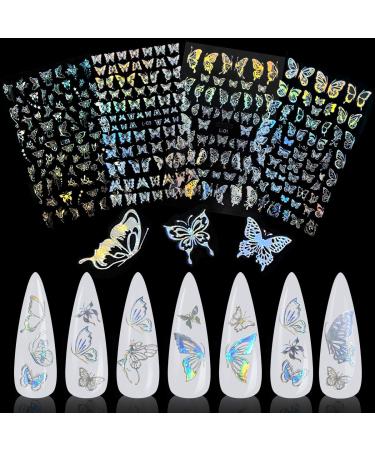Holographic Butterfly Nail Art Sticker, KISSBUTY 4 Sheets Silver Butterfly Nail Decals Gummed Laser Butterflies Nail Adhesive Stickers Holographic Silver Butterfly Nail Art Decor Butterfly Manicure