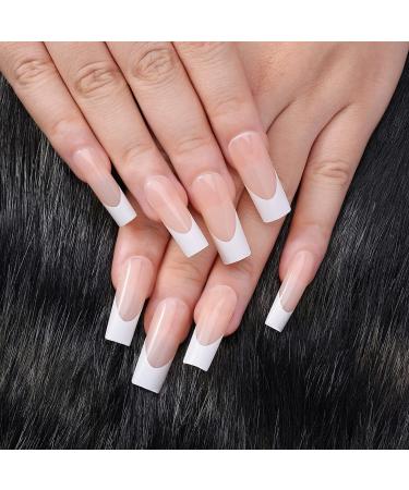 Artquee 24pcs Press on Nails French Pink White Long Square Glossy Fake Nails False Tips Manicure for Women and Girls FCF-LB