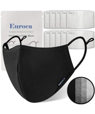 Euroca Cloth Face Mask 4 Layer Reusable Washable and Adjustable with Filter Pocket for Adult -1 Pack with 10 Filters Included Black
