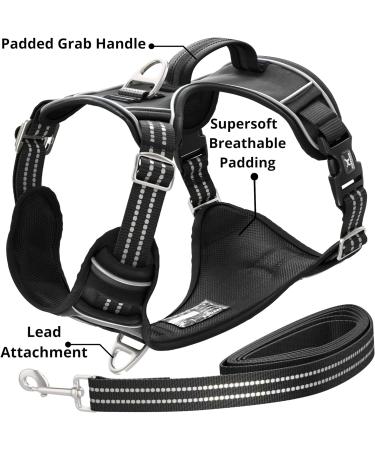 Medium TUFFDOG Easy-Fit Dog Harness - Premium Padded Reflective No Pull Vest with Control Handle and Matching Lead - Raven Black - Buy Online on GoSupps.com