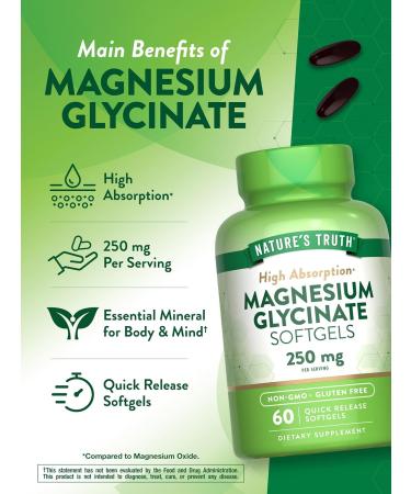 Nature's Truth Magnesium Glycinate 250mg | 60 Softgels | High Absorption | Non-GMO & Gluten Free Mineral Supplement - Buy Online on GoSupps.com