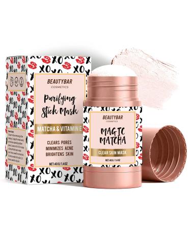 Beauty Bar Cosmetics Matcha Green Tea Mask Stick - Green Tea Mask Blackhead Remover  Dark Spot Remover & Acne Treatment- Pink Mask Face Moisturizer & Pore Cleaner - Green Tea Cleansing Mask Stick 40g