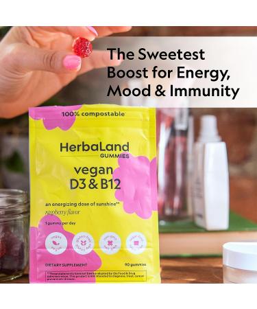 Herbaland Vegan Vitamin D3 B12 Gummies - Immune System & Energy Support - Raspberry Flavor - Buy Online on GoSupps.com
