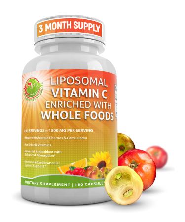 Liposomal Vitamin C Powder Capsules - 1500mg - Organic Acerola Cherries High Potency Vitamin C Liposomal - Immune Support Supplement with Enhanced Absorption & Bioavailability - 180 count Powder Capsule 180 Count (Pack of 1)