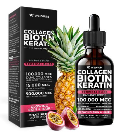 WELVIUM Liquid Biotin and Collagen Peptide Complex with Keratin Hyaluronic Acid MCT Oil Zinc Vitamins B6 B7 B12 A C D3 E - Hair Skin and Stronger Nails Supplement for Women and Men - Buy Online on GoSupps.com