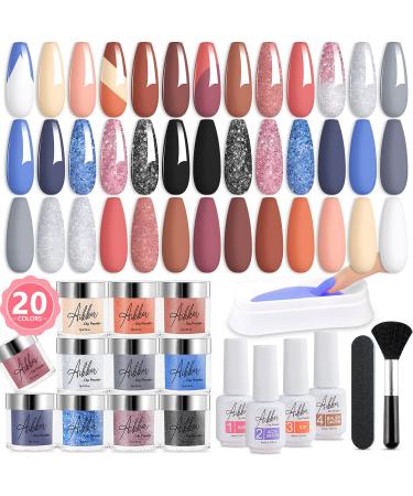 AIKKER 20 Winter Colours Dip Powder Nail Kit Starter 27 Pcs White Gray Glitter Blue Dipping Powder System with Essential Dip Liquid Set & Nail Tools for Nail Art Manicure DIY Salon Gift AK32