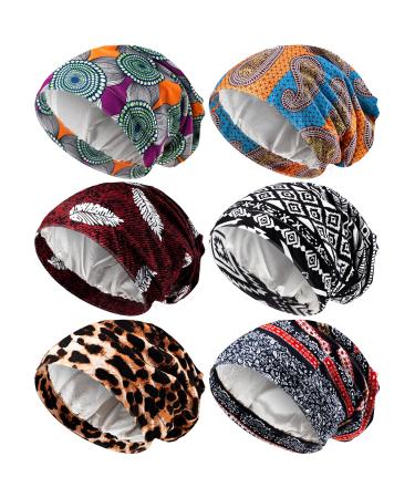 6 Pieces Satin Lined Sleep Cap for Women African Silk Bonnet Beanie for Sleeping Hair Natural Curly Hat (Elegant Patterns)
