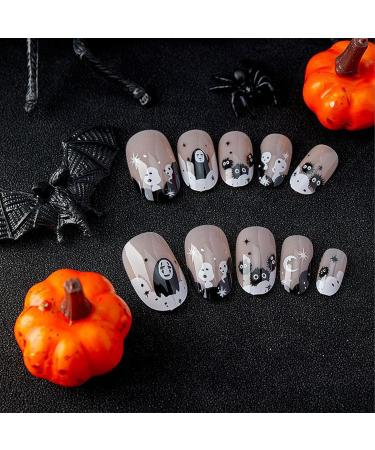 Short Glossy Press on Nails - Halloween Ghost & Virus Designs - 24Pcs Almond Full Cover Fake Nails for Women & Girls - Buy Online on GoSupps.com