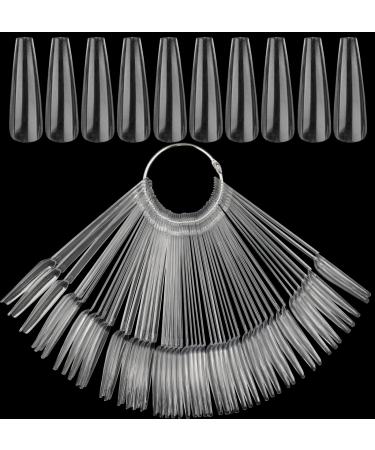 LoveOurHome 150pc Long Coffin Nail Swatch Sticks Vanish Gel Polish Color Design Display Stick Tips Ballerina Fan Cards Nails Art Practice Stample Tools with Rings Coffin Clear