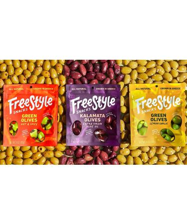 Freestyle Snacks Olive Snack Packs - Fresh Pitted Kalamata Olives Marinated in Extra Virgin Olive Oil - All Natural, Non-GMO, Paleo, Keto Snacks from Greece - Salty 4oz (3 Pack) - Buy Online on GoSupps.com