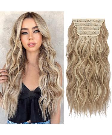 FESHFEN Clip in Hair Extensions 4PCS Dark Ash Blonde Mixed Bleach Blonde Thick Highlight Hair Piece Long Wavy Clip in Extensions Full Head Synthetic Fiber Hairpieces for Women, 20 Inches 180g