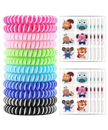 Mosquito Repellent Bracelets 12 Pack, Natural Mosquito Repellent Bands with 60 Pcs Mosquito Repellent Stickers Patches for Kids Adults, Waterproof Mosquito Repellent Wristbands Last Up to 350Hrs Red, Pink, Green, Blue, Dark Blue, Black