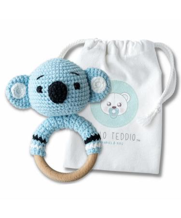 Hello Teddio Baby Rattle Teething Toy  Smooth Wooden Easy Grip Ring  Gender Neutral Baby Gifts Baby Koala
