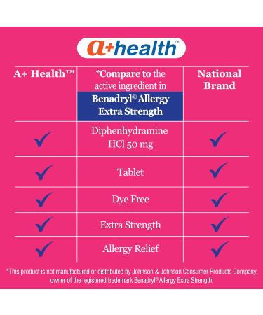 A+Health Allergy Relief Diphenhydramine HCl 50mg Tablets Extra Strength 150 Count Dye-Free Antihistamine Runny Nose Sneezing Watery Eyes Unflavored 150 Count - Buy Online on GoSupps.com