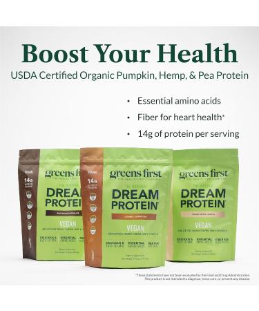 Greens First Dream Protein Plant-Based Vegan Powder - USDA Organic Pumpkin Hemp & Pea Protein - Gluten-Free Non-GMO No Added Sugar (Rich Dutch Chocolate 27.54 oz) - Buy Online on GoSupps.com