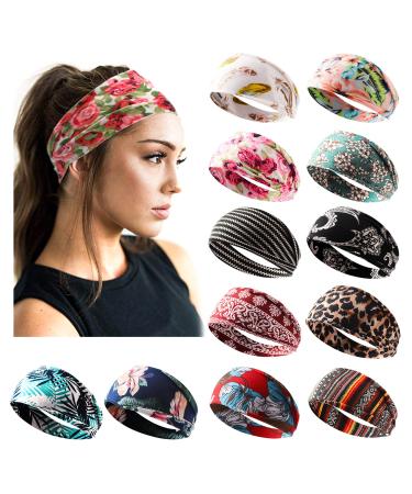 Jesries 12 Pack Headbands for Women Boho Printed Non Slip Hair Band Sport Yoga Running Elastic Sweat Hair Wrap for Girls Floral
