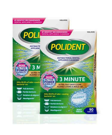 Polident 3 Minute Antibacterial Dental Appliance Cleanser Tablets, 90 Count (2 Pack)