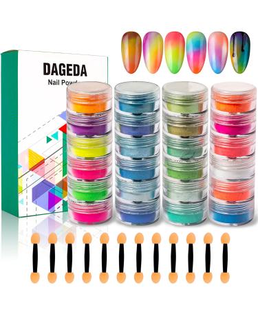 DAGEDA 24 Color Pigment Nail Powder, Colorful Iridescent Glitter Ultrafine Luminous Pearlescent High-Gloss Halo Powder, Nails Pigments Dust 3D DIY Nail Art Decoration Color A
