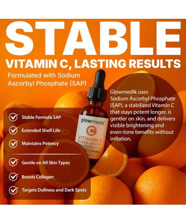 GlowMedik Vitamin C Serum for Face Brightens Dark Spots + Evens Skin Tone with Hyaluronic Acid, Vitamin E & MSM, Hydrates & Firms for a Youthful-Looking, Age-Defying Glow, 30ml 1.01 fl oz 1 Fl Oz (Pack of 1) - Buy Online on GoSupps.com