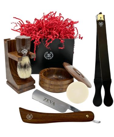 Shaving kit for Men Gift set Wood Straight Razor Shave Ready Wooden Shave Stand Wood Bowl Cow Leather Strop for Honning Razor Rich Lather Soap Christmas gift for him